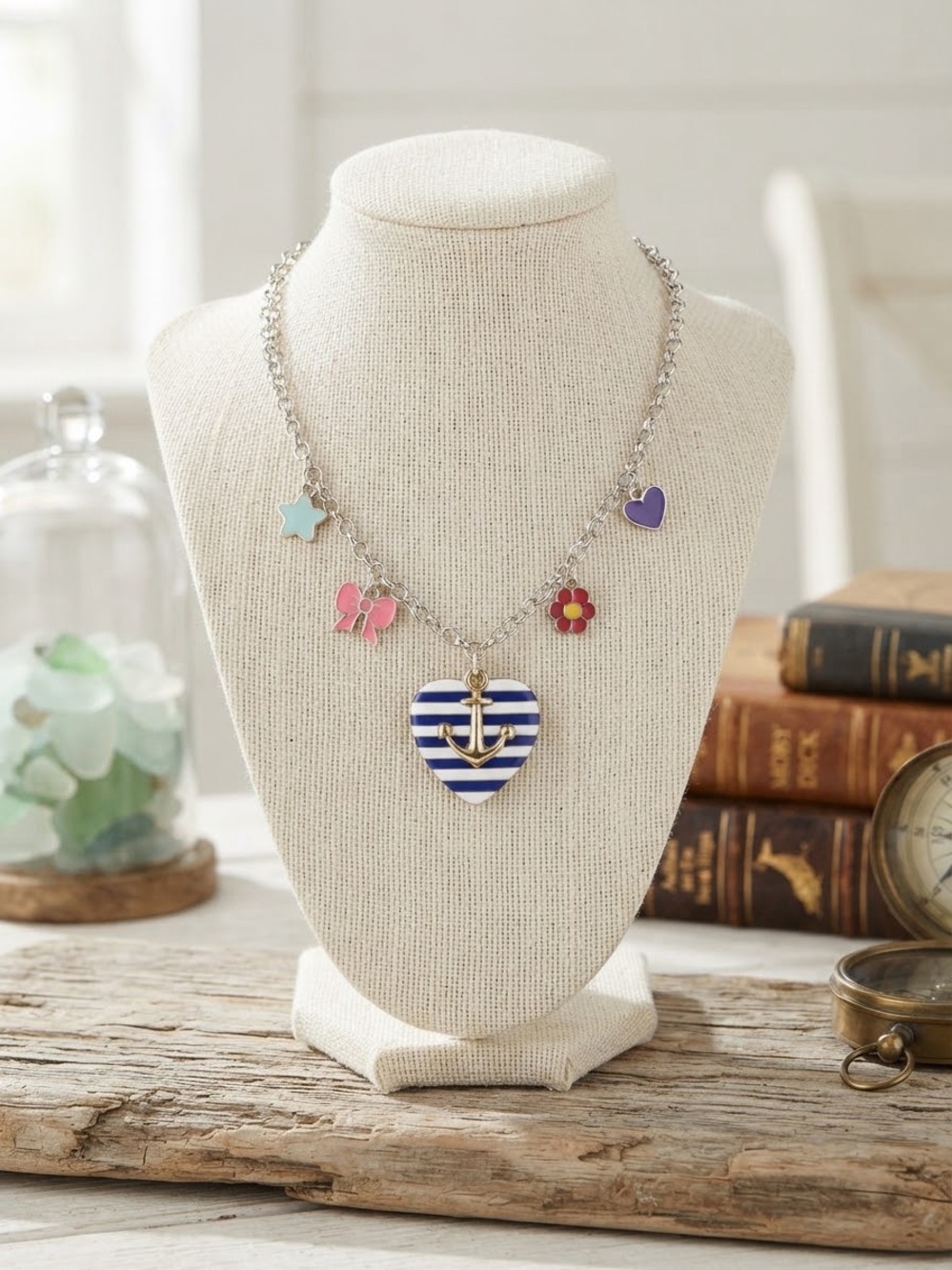 Kids Nautical Striped Heart Anchor Charm Necklace with Enamel Charms